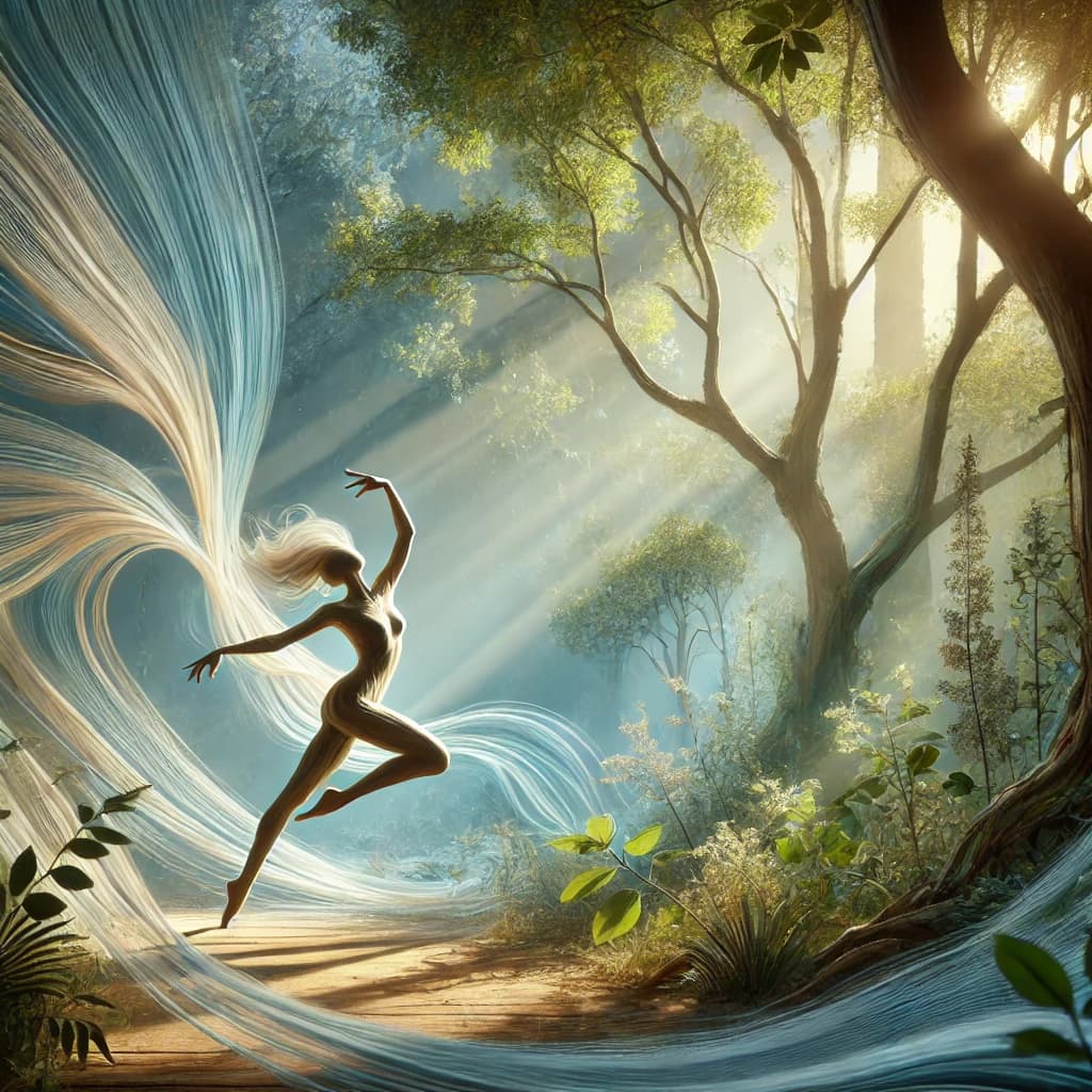 Illustration d’une danseuse bondissant dans une forêt baignée de lumière, un voile de vent tourbillonnant autour d’elle